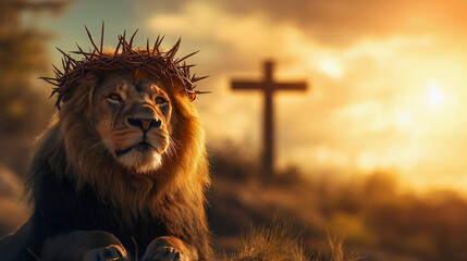 Majestic Lion of Judah Heraldic Emblem with Cross and Crown for Christian Royalty