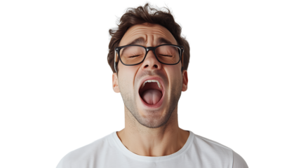 Handsome man with glasses yawning on white backround ,high resolution