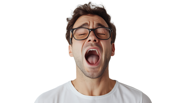 Handsome man with glasses yawning on white backround ,high resolution