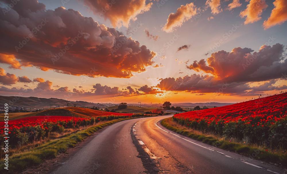 Poster road with a sunset in the background. the sky is cloudy and the sun is setting. the road is empty an
