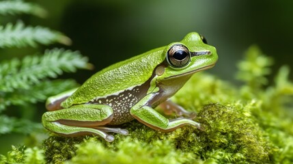 Fototapeta premium A vibrant green tree frog perches on moss, its keen eyes alert in a lush, verdant habitat that celebrates biodiversity.