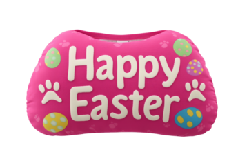A pink pillow with "Happy Easter" written on it
