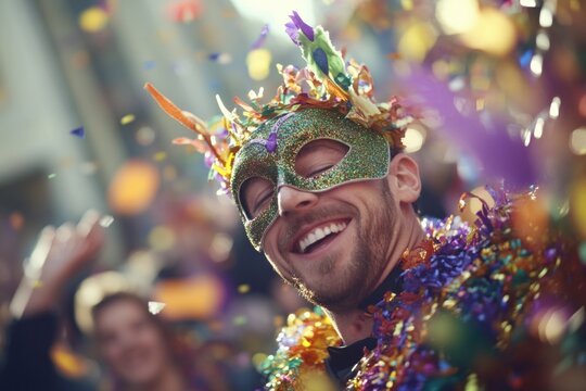 A person wearing a colorful carnival mask participates in a festive parade