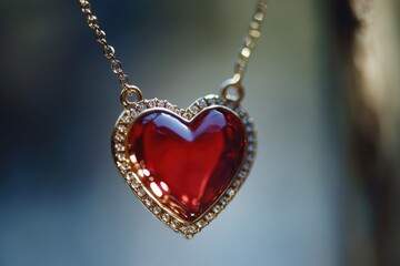 A red heart shaped pendant on a chain, perfect for romantic occasions or gift ideas