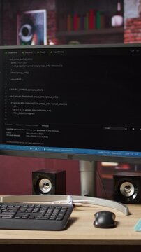 Vertical video Programming language code editor software UI on computer display in home workspace, jib down shot. Lines of code displayed on PC monitor used to power digital software apps