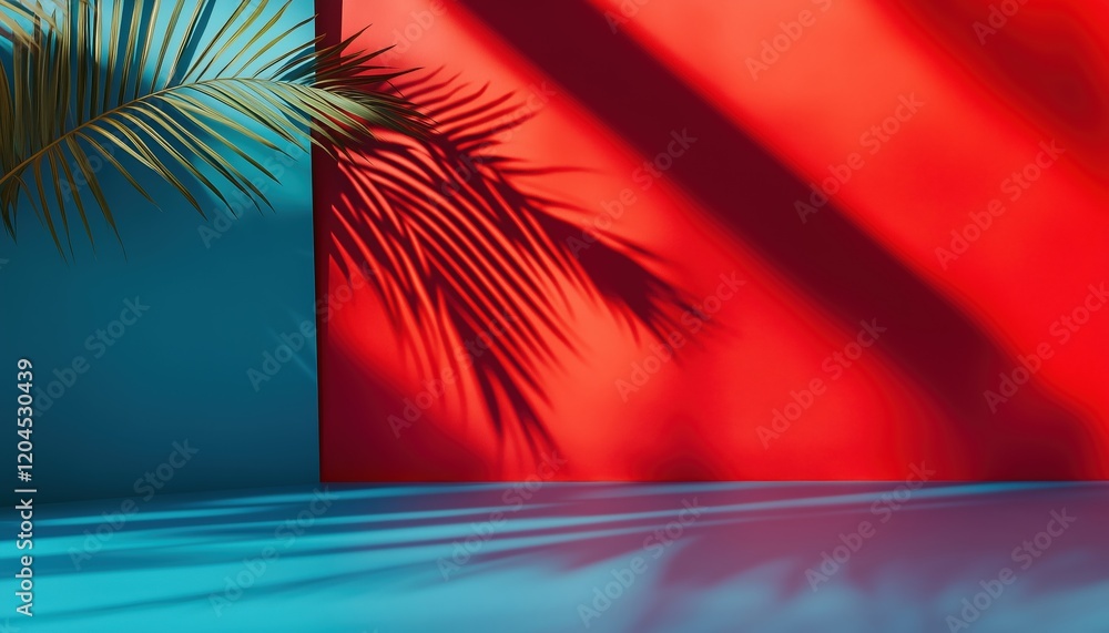 Poster stylish interior studio setting with palm shadow on blue table and red backdrop: perfect display for