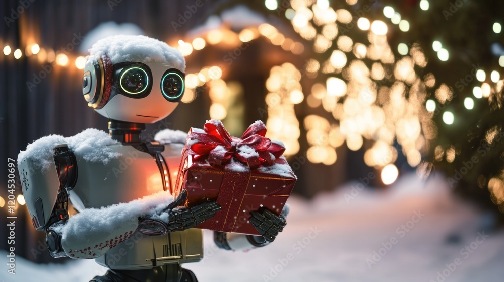 Canvas Prints A robot holding a present amidst snowflakes