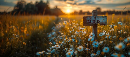 A wooden sign with 'August' stands in a field of daisies at sunset. Concept of summer month transition. For calendar photo.