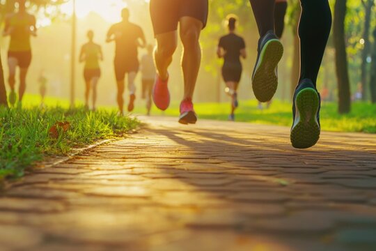 Group of people jogging or running together in a public park
