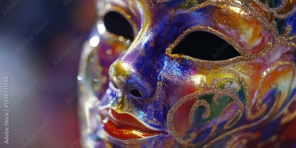 Poster A close-up shot of a vibrant mask with a bright red nose, ideal for use in creative projects or as a decorative element