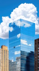 Fototapeta premium Modern glass skyscraper reflecting clouds and sky.