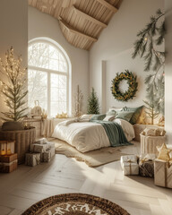 Fototapeta premium A bed with Christmas lights and a green wreath on the wall, grey linen bedding, a wooden headboard, a large blanket over it, a floor carpet, tall spruce trees decorated with garlands around them