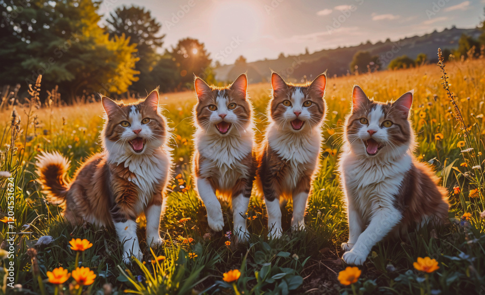 Poster four cats are standing in a field of yellow flowers. they are all smiling and seem to be enjoying th