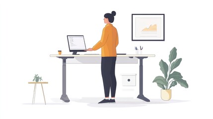 Person working at a height-adjustable desk in a modern office environment with plants and wall art