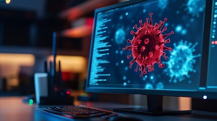 Computer screen displaying malware alert with digital virus graphics at a workspace during evening hours