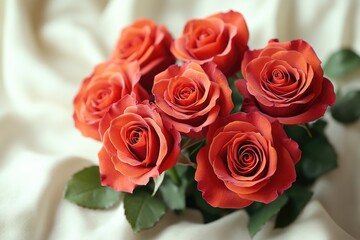 Naklejka premium A bouquet of fresh red roses arranged on a white cloth, ideal for romantic occasions and special events