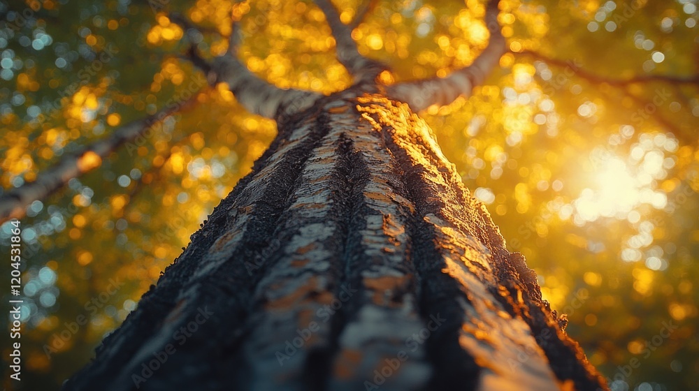 Poster close-up view of a tree's trunk with warm sunlight shining through, ideal for use in nature-inspired