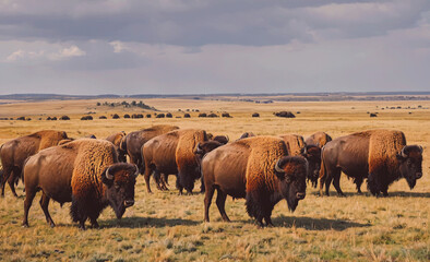 Herd of buffalo are walking across a grassy plain. The sky is cloudy and the sun is low in the sky