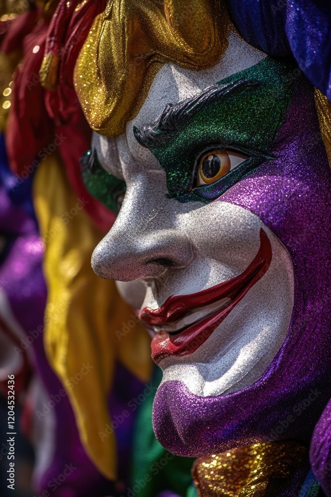 Poster a close-up view of a clown's face with exaggerated features, suitable for use in illustrations or as