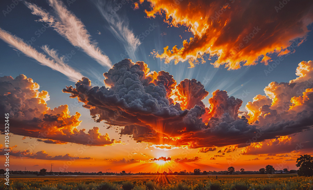 Aufkleber beautiful sunset with a large cloud in the sky. the sky is filled with clouds and the sun is setting