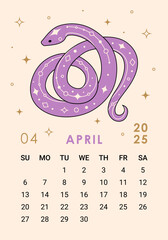 Modern 2025 calendar page for April with purple snake. Week starts on Sunday. Perfect for desk or wall calendars, planners, or promotional materials, corporate calendars for the Year of the Snake