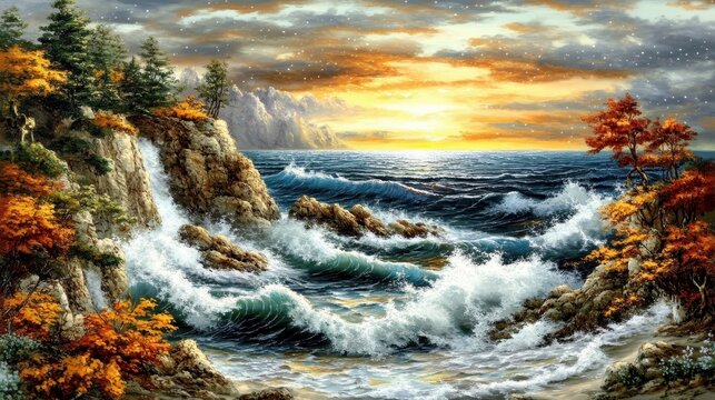 Autumnal Coastline Dramatic Waves Sunset Scene