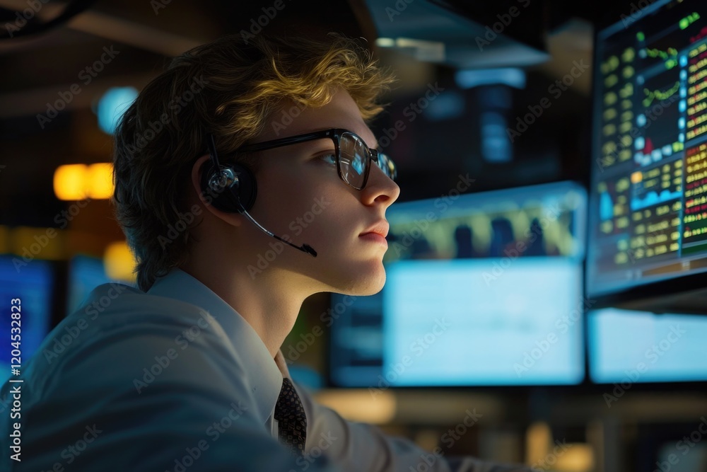Poster Person using headset and computer, suitable for tech-related concepts