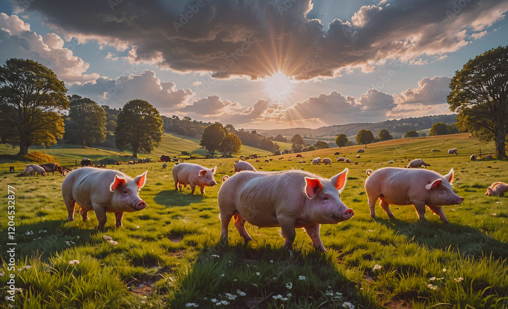 Poster group of pigs are grazing in a field with a cloudy sky in the background. scene is peaceful and sere