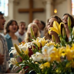 Joyful celebration of Easter with flowers and voices in a church during a heartfelt worship moment. Generative AI