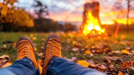 Autumn campfire, relaxing feet, sunset background, peaceful evening scene for travel blogs