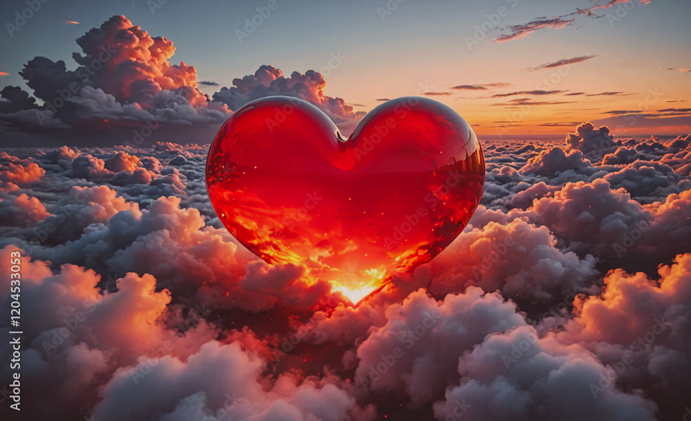 Poster Heart is floating in the sky, surrounded by clouds. The heart is red and he is glowing. The scene is serene and peaceful, with the clouds providing a soft, dreamy backdrop
