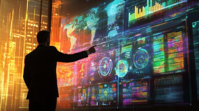Businessman interacting with a futuristic holographic display showing global data and analytics in a city at night.