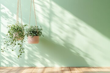 Two potted plants suspended from a green wall, a modern decor idea