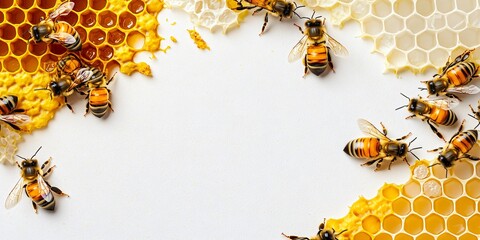 Honeybees on Honeycomb Frame, Closeup View, Beekeeping