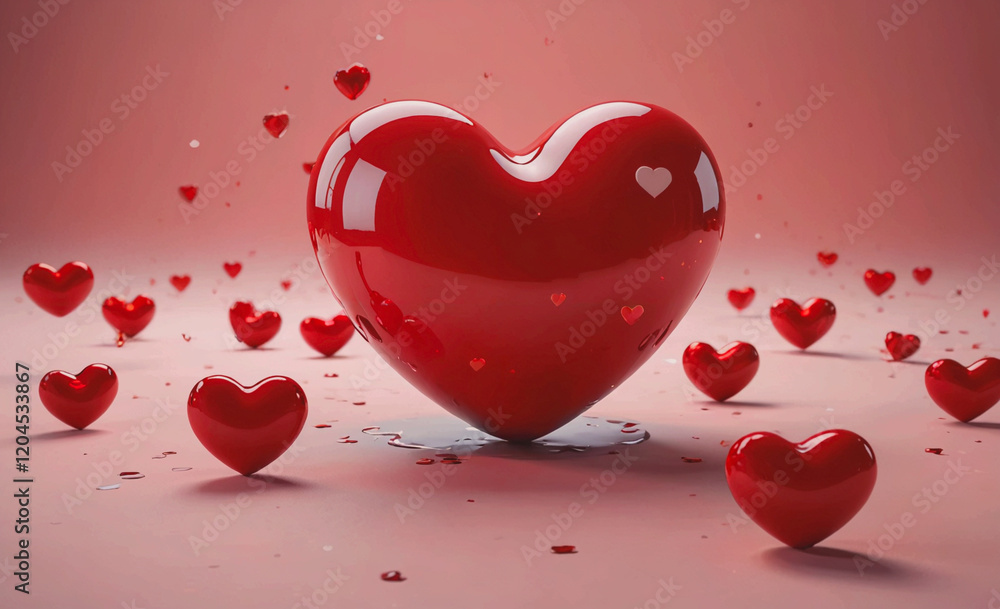 Poster heart made of many red hearts is on a pink background. the heart is surrounded by many other hearts,