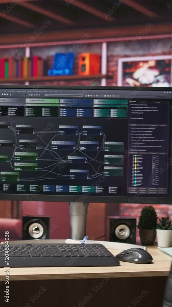 Poster Vertical video Programming software UI on computer monitor in apartment office. Machine learning application on PC screen used to write and test code in modern apartment, handheld camera shot