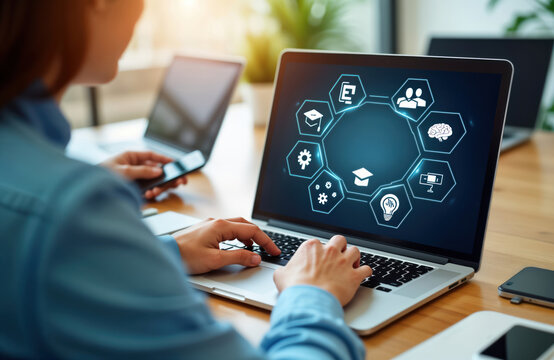 Business person uses laptop for online education. LMS icon on laptop screen. Person studying training. Person using tech for online course program. E-learning concept. Person working with digital