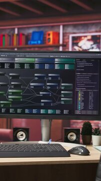 Vertical video Programming software UI on computer monitor in apartment office. Machine learning application on PC screen used to write and test code in modern apartment, handheld camera shot