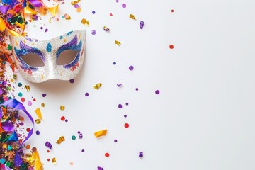 Colorful carnival mask with confetti and streamers on white background.