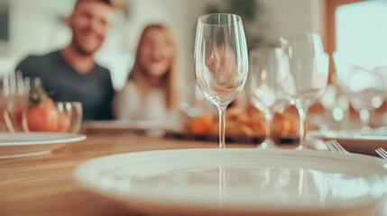Obraz premium A minimalist composition of plates, glasses, and utensils on a dining table, with a blurred family laughing in the background