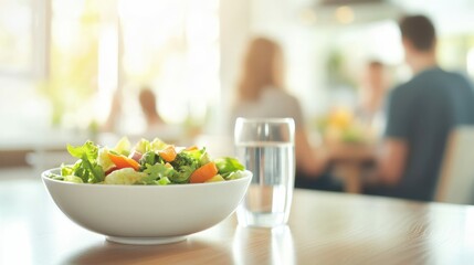Naklejka premium A minimalist still life of a bowl of salad and a glass of water on a dining table, with a blurred family enjoying a meal in the background