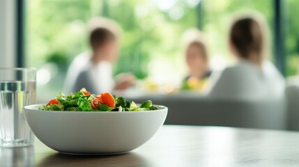 Naklejka premium A minimalist still life of a bowl of salad and a glass of water on a dining table, with a blurred family enjoying a meal in the background