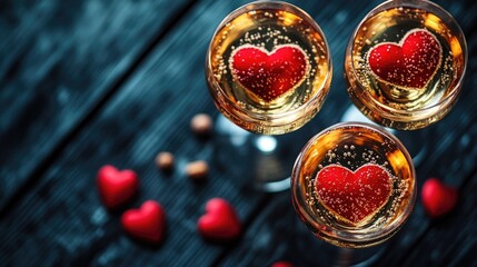 Two glasses of champagne with a red heart in the middle, perfect for romantic occasions
