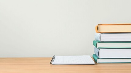 Stack of colorful books and notebook on wooden desk for study inspiration