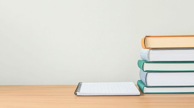Stack of colorful books and notebook on wooden desk for study inspiration