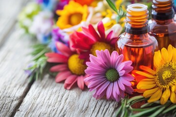 Aromatic plant-based oil in a small glass bottle surrounded by fresh flowers, perfect for a spa or wellness setting
