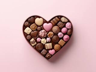 Heart-Shaped Chocolate Box with Assorted Shapes, Colors, Textures, and Flavors on a Solid Pink Background, Perfect for Valentine's Day Gifts and Celebrations.