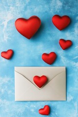 A simple white envelope with red hearts printed on a blue background, perfect for valentines day or romantic occasions