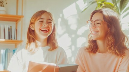 Obraz premium A Latina girl and her mother sharing a laugh while organizing books on a sunny living room shelf, family bonding,
