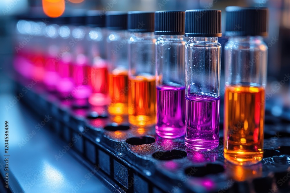 Poster a row of glass bottles filled with various colorful liquids, perfect for use in a science lab or edu